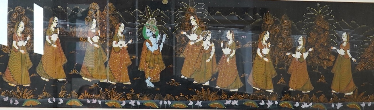 20th century, Indian School, watercolour and gouache on silk, 'Procession of figures', 40 x 140cm. Condition - good